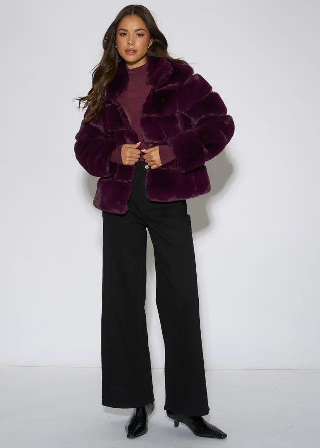 Gini London Plum Panelled Funnel Neck Faux Fur Jacket