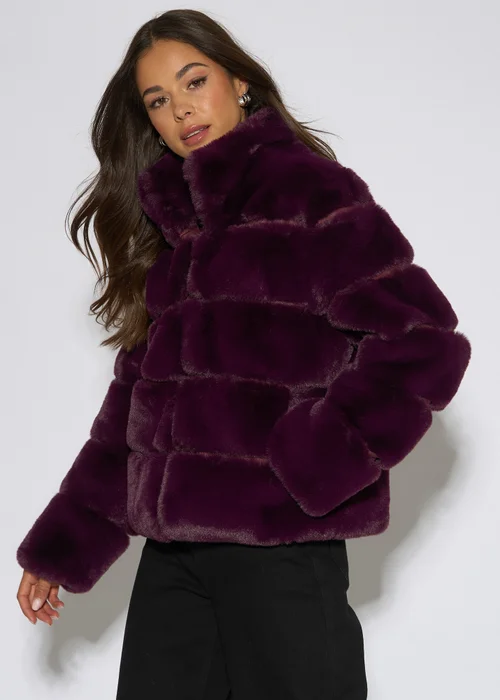 Gini London Plum Panelled Funnel Neck Faux Fur Jacket - S/M Image 4