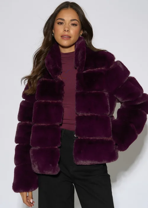 Gini London Plum Panelled Funnel Neck Faux Fur Jacket - S/M Image 3
