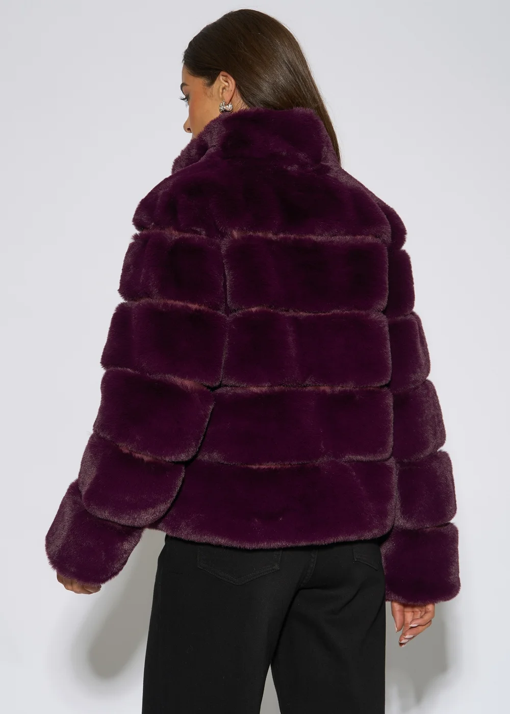 Gini London Plum Panelled Funnel Neck Faux Fur Jacket - S/M Image 2