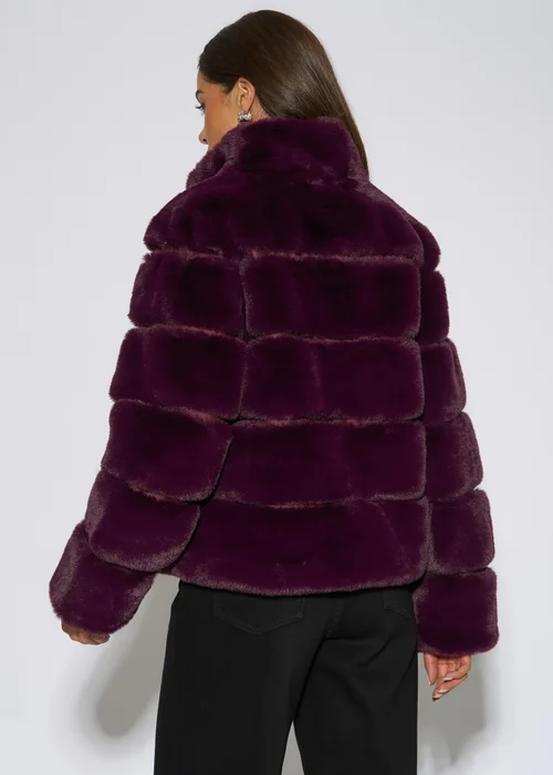 Gini London Plum Panelled Funnel Neck Faux Fur Jacket - S/M Image 2