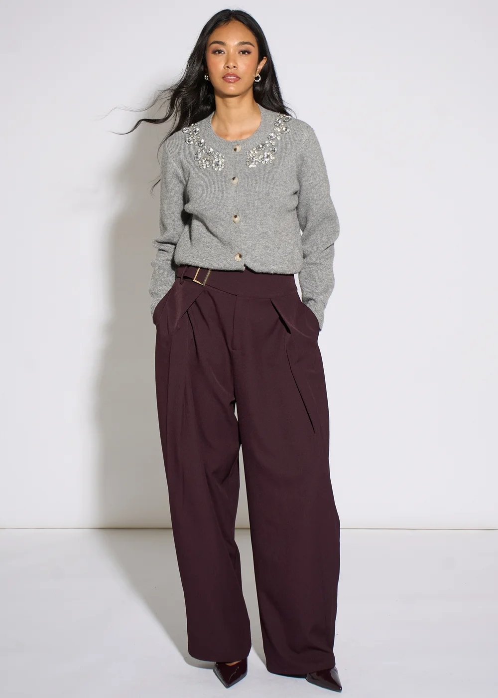 Gini London Purple Pleat Buckle Detail Barrel Trousers - 16 Image 1