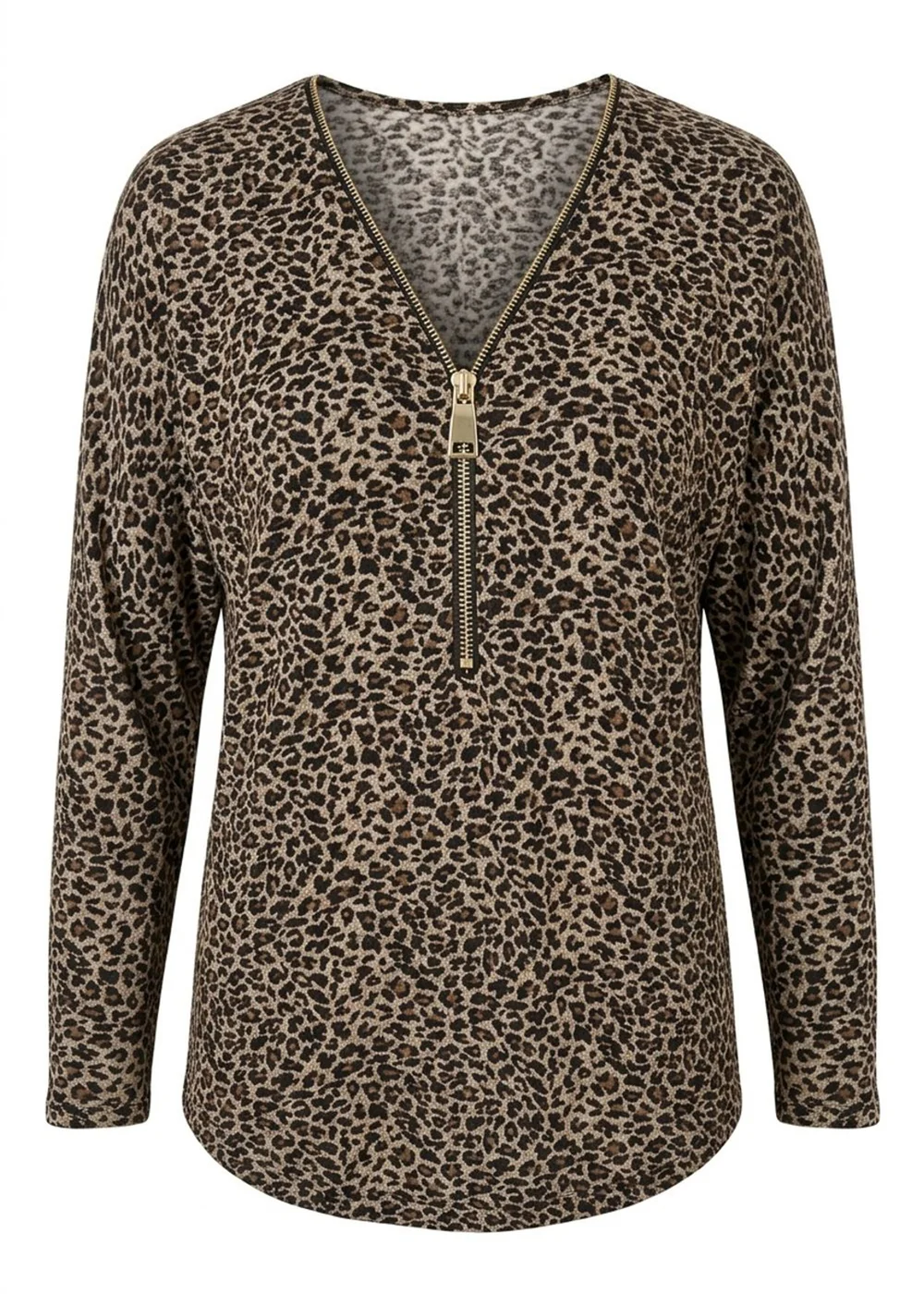 Izabel London Chocolate Animal Print Zip Front Long Sleeve Top - 10 Image 5