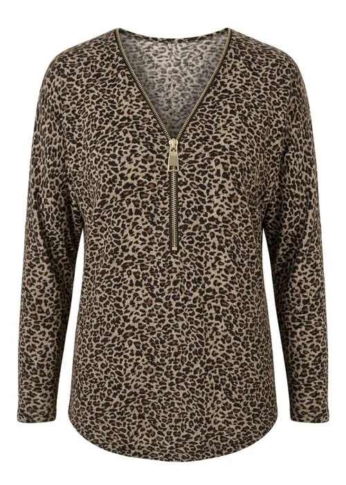 Izabel London Chocolate Animal Print Zip Front Long Sleeve Top - 10 Image 5