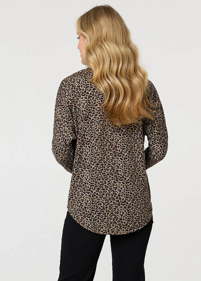 Izabel London Chocolate Animal Print Zip Front Long Sleeve Top