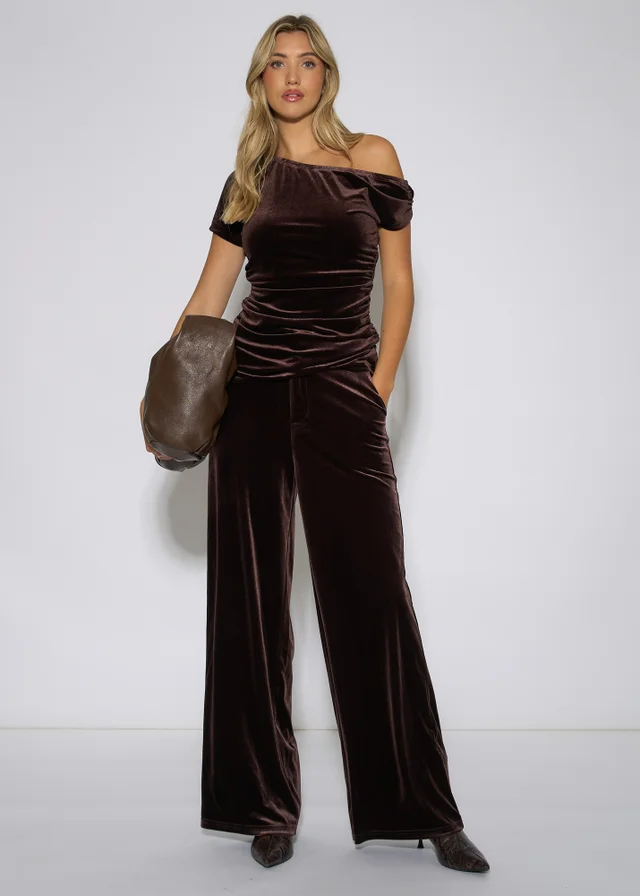 Gini London Brown Velour Off Shoulder Top