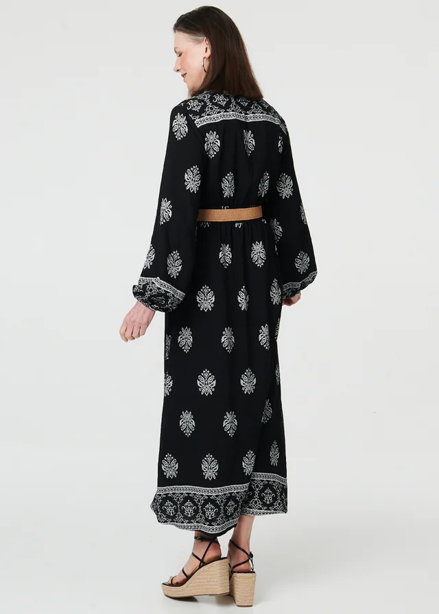 Izabel London Black Border Print Belt Waist Maxi Dress