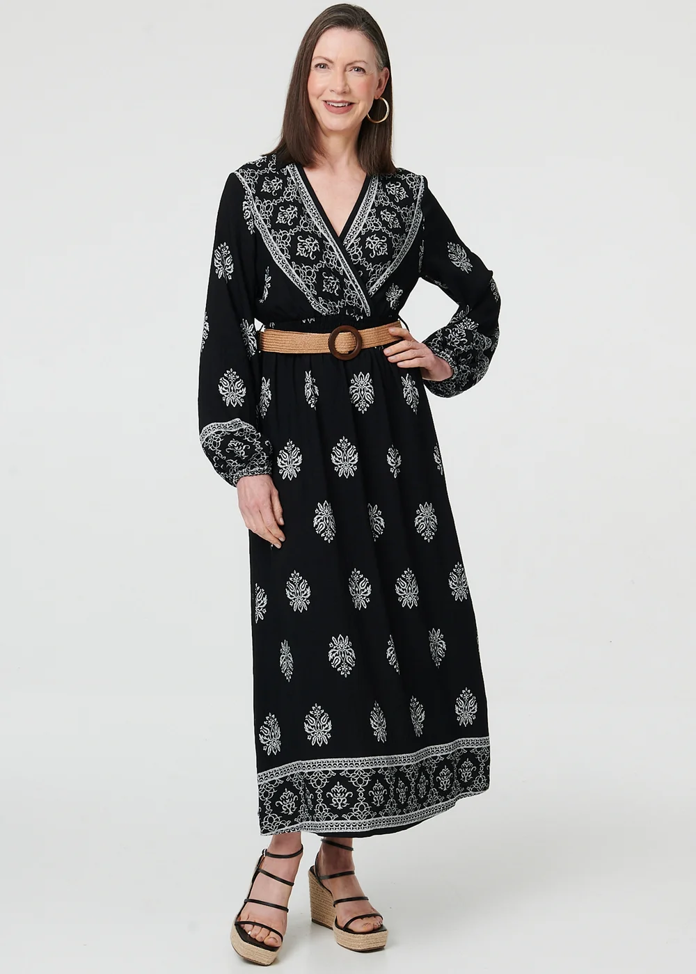 Izabel London Black Border Print Belt Waist Maxi Dress - 12 Image 1
