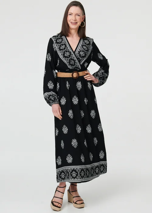 Izabel London Black Border Print Belt Waist Maxi Dress - 12 Image 1