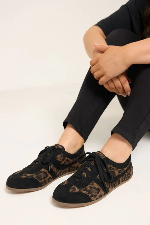 Yours Black Leopard Print Low Retro Stripe Trainers In Extra Wide EEE Fit - 6 Extra Wide Image 2