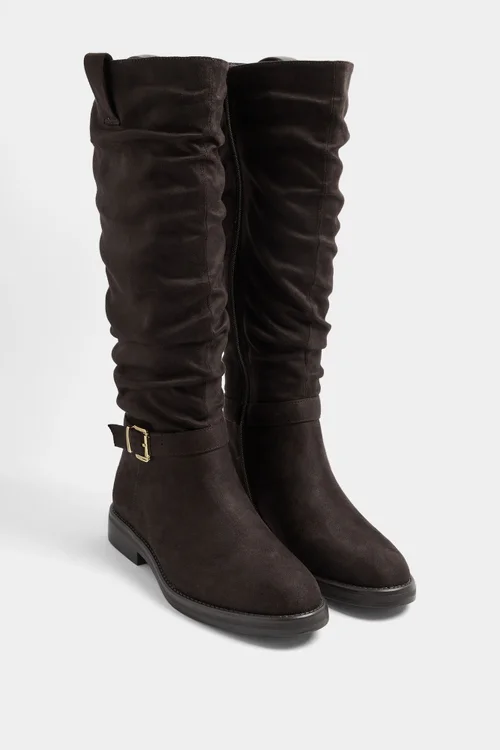 Yours Brown Faux Suede Buckle Detail Knee High Boots In Extra Wide E Fit - 7 Wide Image 3