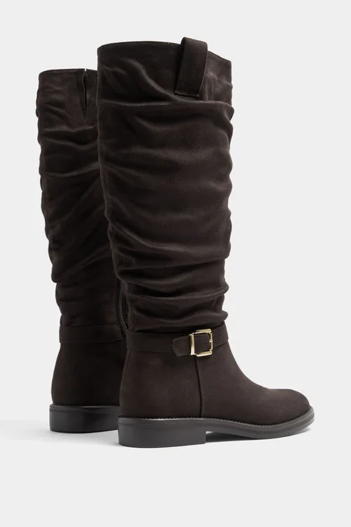 Yours Brown Faux Suede Buckle Detail Knee High Boots In Extra Wide E Fit - 7 Wide Image 4
