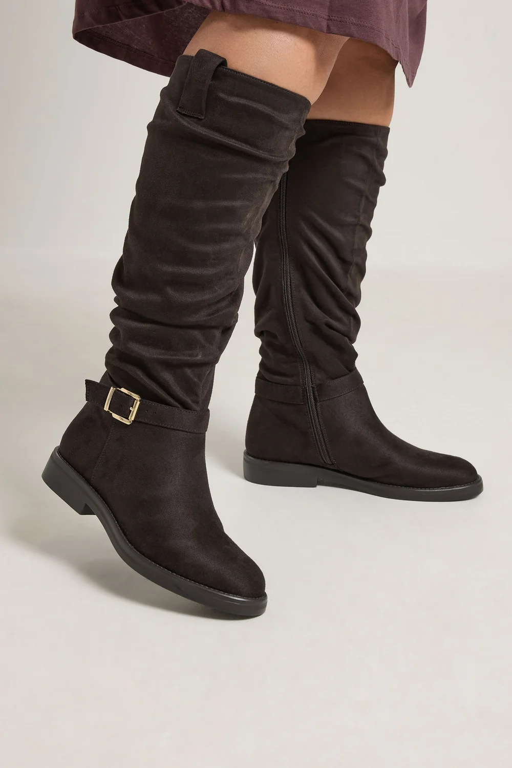 Yours Brown Faux Suede Buckle Detail Knee High Boots In Extra Wide E Fit - 7 Wide Image 2