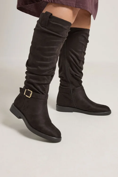 Yours Brown Faux Suede Buckle Detail Knee High Boots In Extra Wide E Fit - 7 Wide Image 2