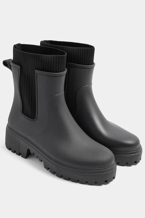 Yours Black Faux Leather Ribbed Knit Wellington Boots In Wide E Fit - 6 Wide Image 3