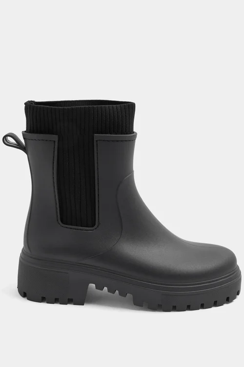 Yours Black Faux Leather Ribbed Knit Wellington Boots In Wide E Fit - 6 Wide Image 1