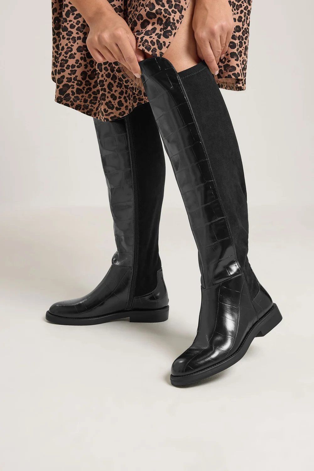 Yours Black Knee High 50/50 Faux Leather Croc Boots In Extra Wide EEE Fit - 7 Extra Wide Image 2
