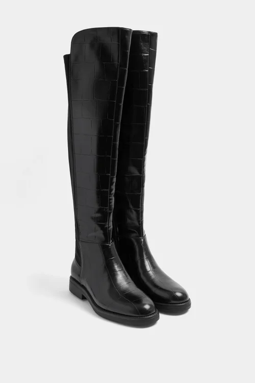 Yours Black Knee High 50/50 Faux Leather Croc Boots In Extra Wide EEE Fit - 7 Extra Wide Image 3