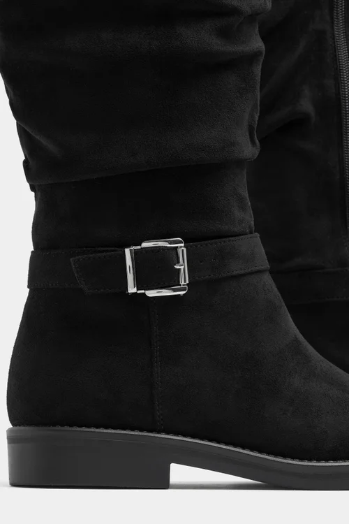 Yours Black Faux Suede Buckle Detail Knee High Boots In Extra Wide E Fit - 7 Wide Image 5