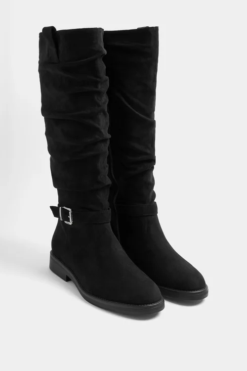 Yours Black Faux Suede Buckle Detail Knee High Boots In Extra Wide E Fit - 7 Wide Image 3