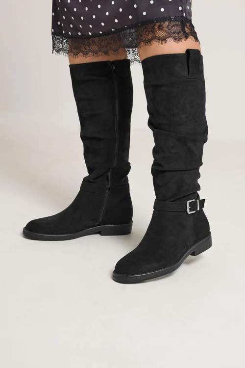 Yours Black Faux Suede Buckle Detail Knee High Boots In Extra Wide E Fit - 7 Wide Image 2