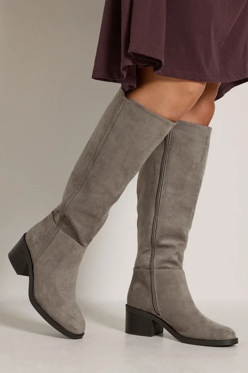 Yours Taupe Brown Faux Suede Knee High Boots In Extra Wide EEE Fit - 8 Extra Wide Image 2