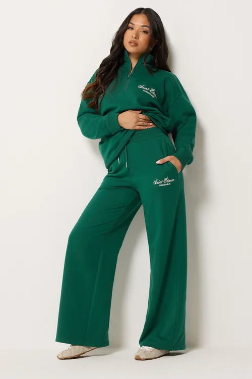 PixieGirl Petite Olive Green 'St Etienne' Slogan Wide Leg Joggers - 16/L27 Image 2