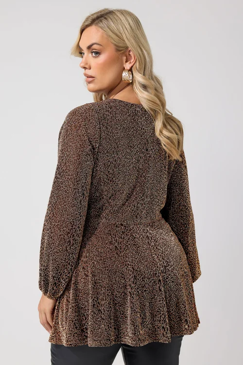 Yours London Curve Brown Leopard Print Metallic Wrap Top - 30-32 Image 2
