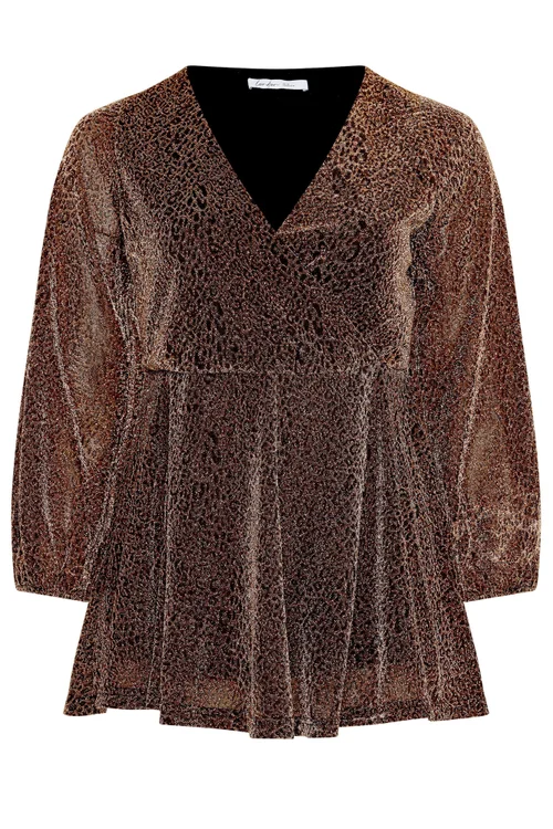 Yours London Curve Brown Leopard Print Metallic Wrap Top - 30-32 Image 5