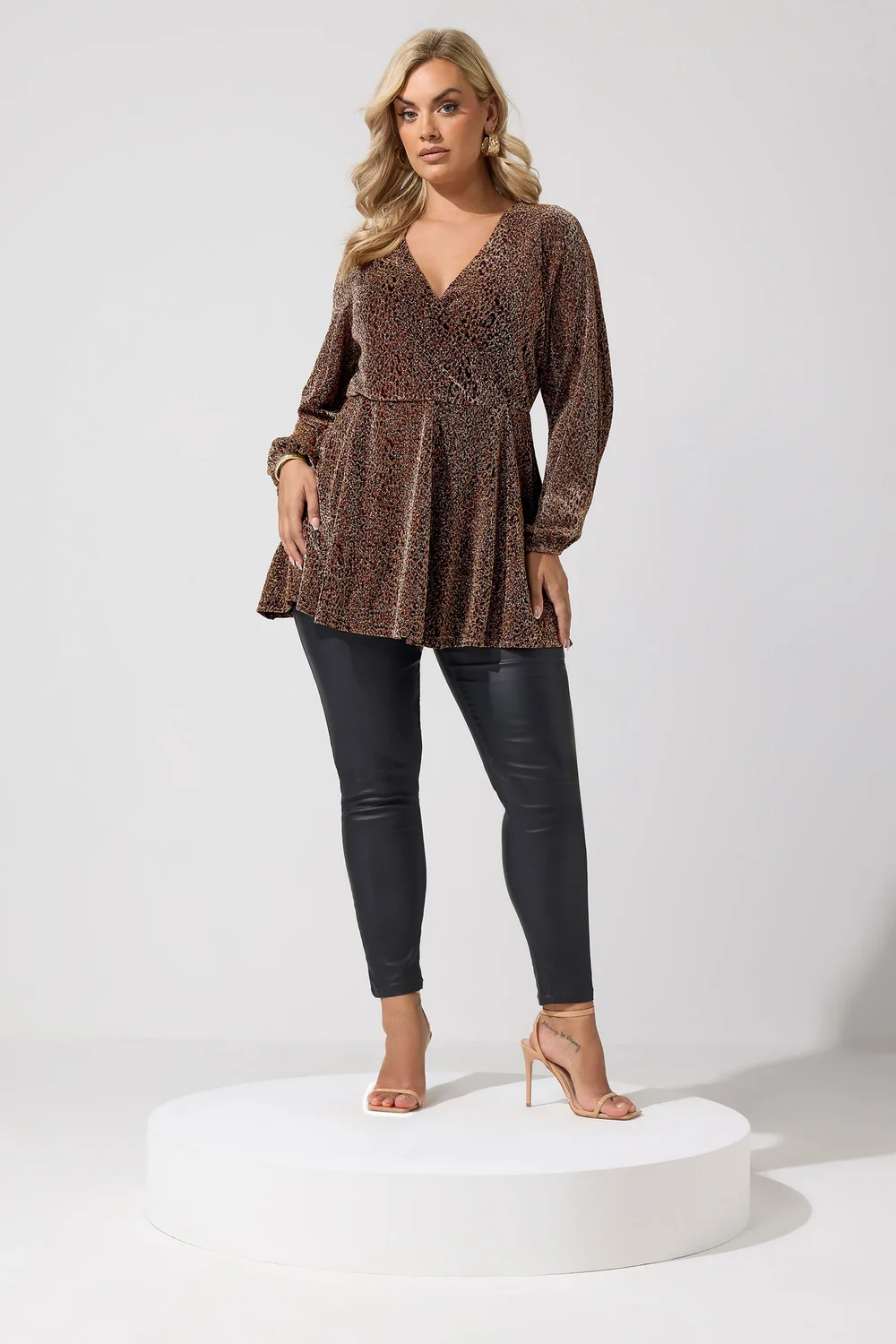 Yours London Curve Brown Leopard Print Metallic Wrap Top - 30-32 Image 3