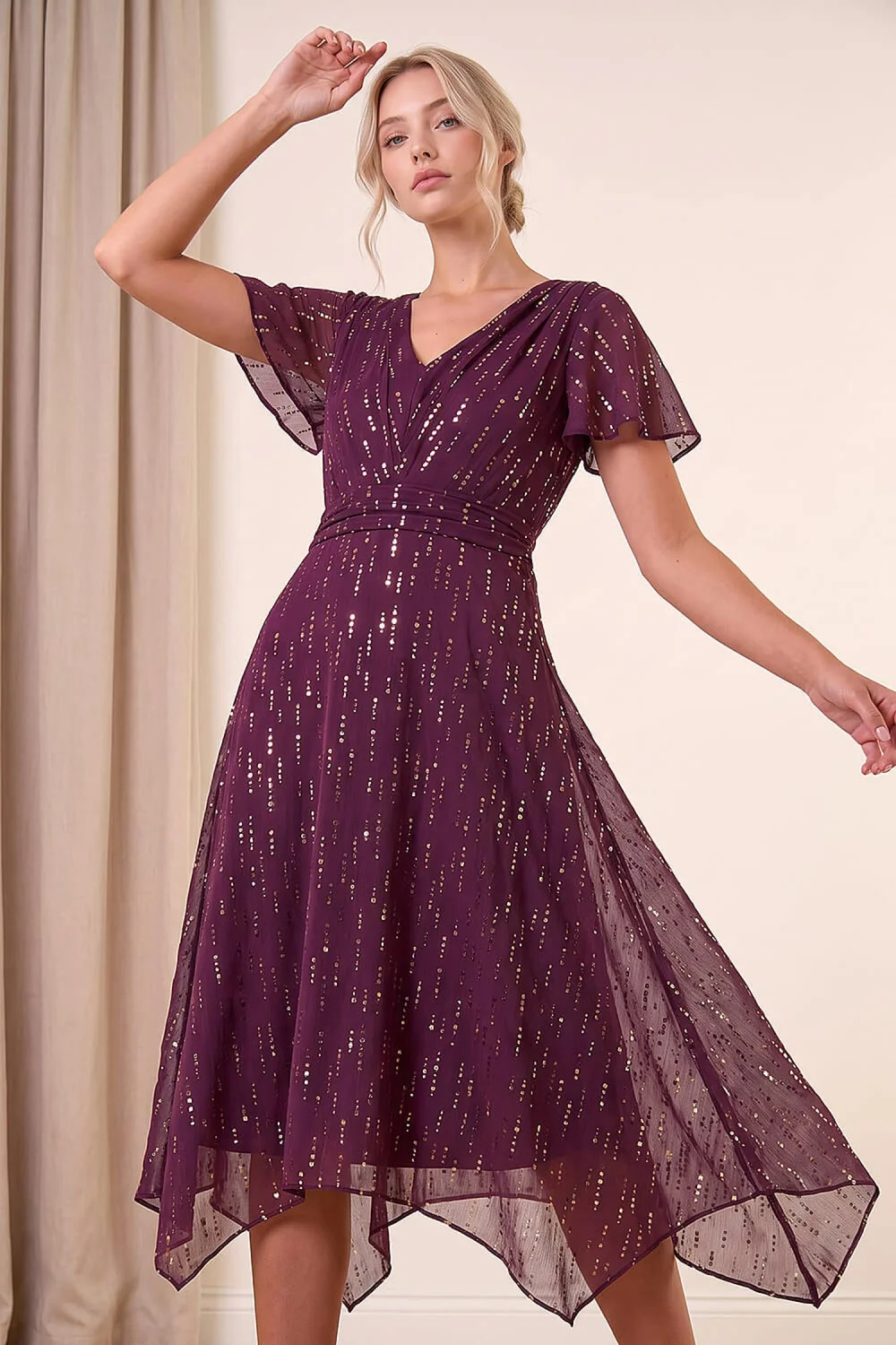 Roman Wine Petite Foil Printed Dress - 14 Image 2