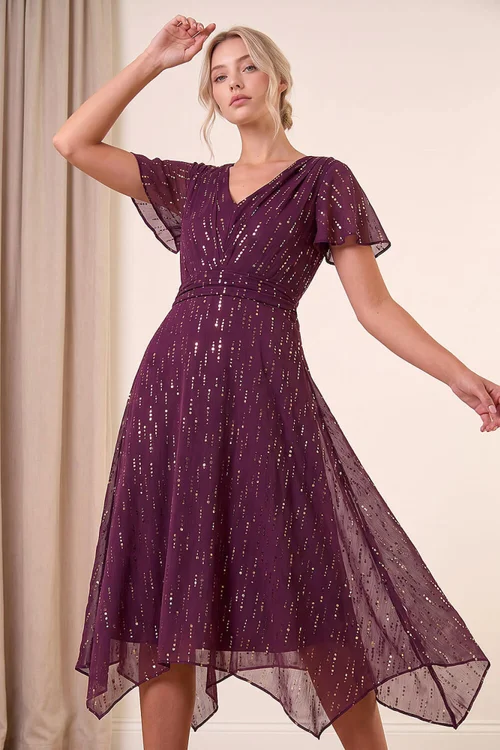 Roman Wine Petite Foil Printed Dress - 14 Image 2