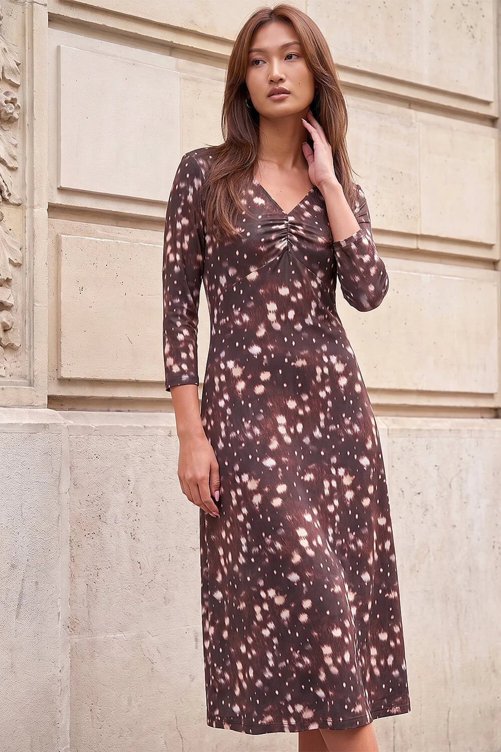 Roman Chocolate V-Neck Deer Print Dress - 10 Image 1