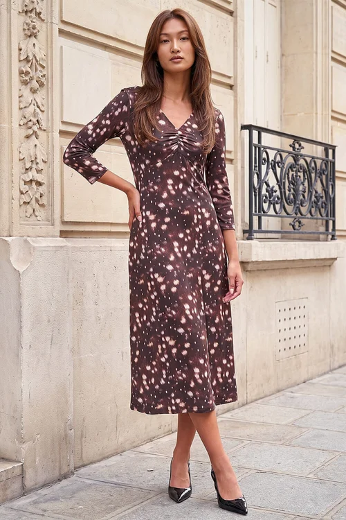 Roman Chocolate V-Neck Deer Print Dress - 10 Image 2