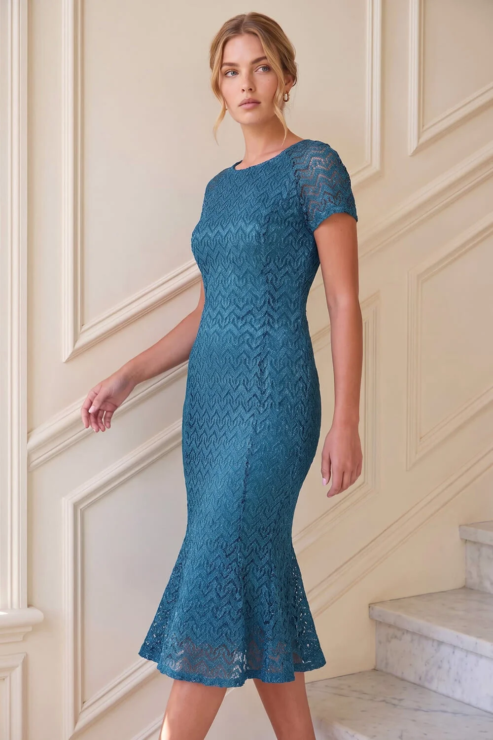 Roman Teal Sparkle Lace Midi Dress - 10 Image 2