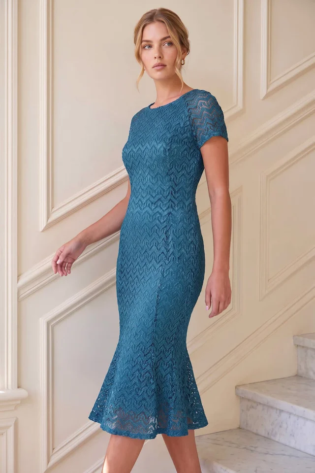 Roman Teal Sparkle Lace Midi Dress