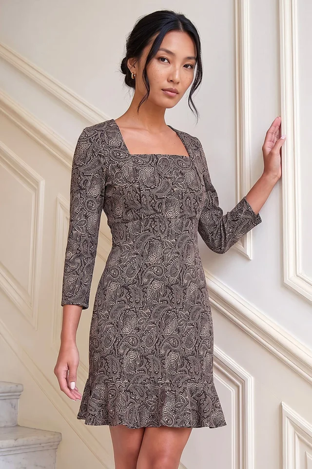 Roman Black Sequin Neck Frill Hem Dress
