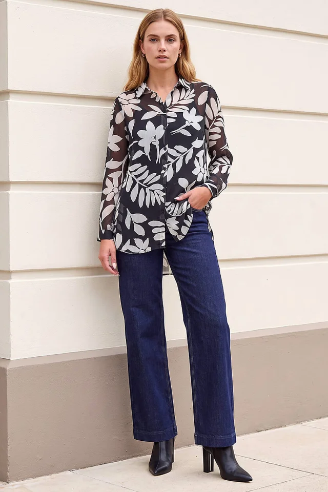 Roman Black Mono Floral Longline Blouse