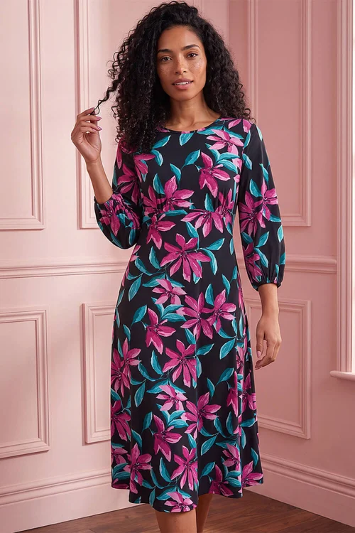 Roman Mauve Floral Leaf A-Line Midi Dress - 12 Image 1