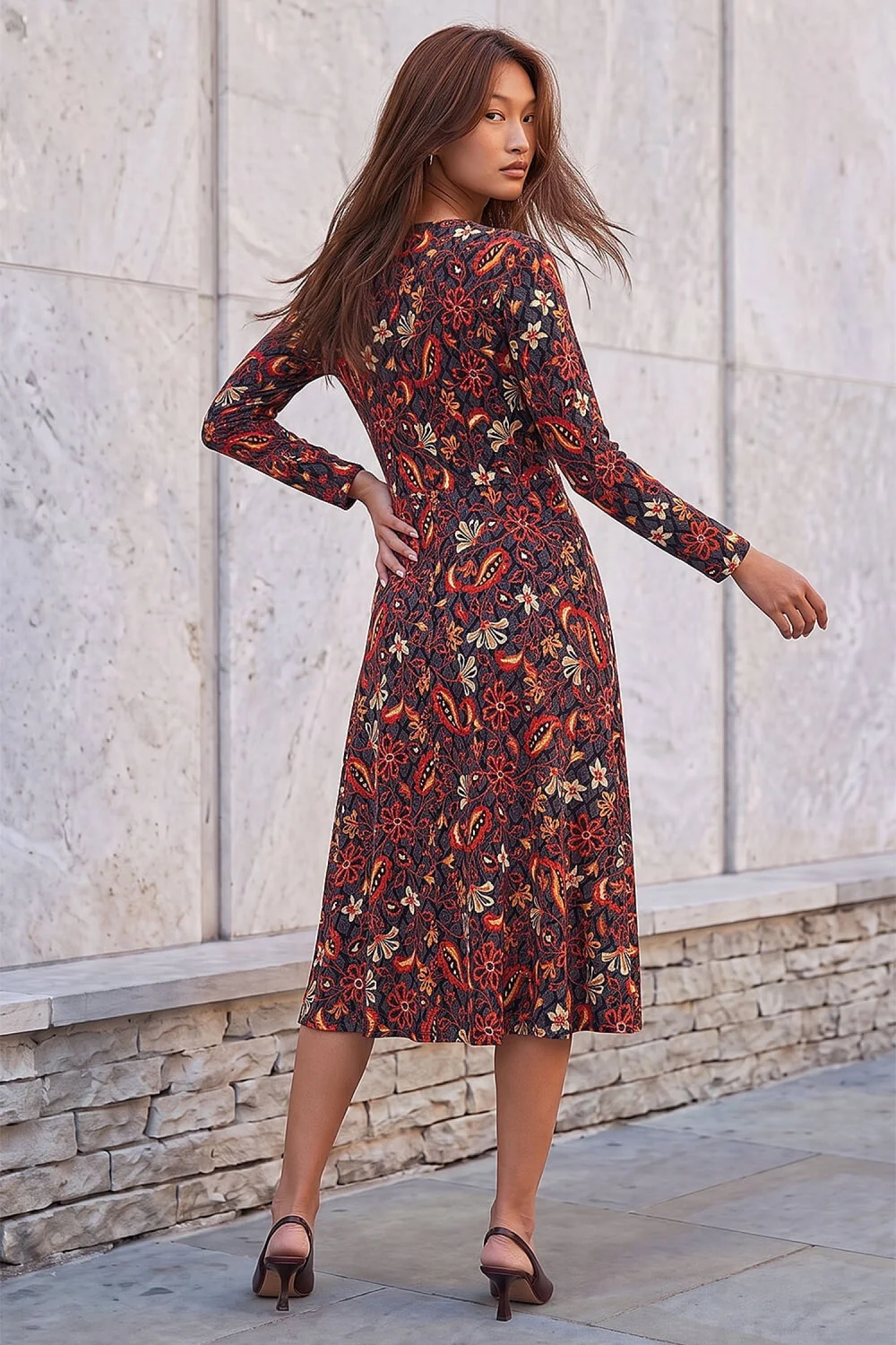 Roman Copper Floral Gathered Midi Dress - 18 Image 3