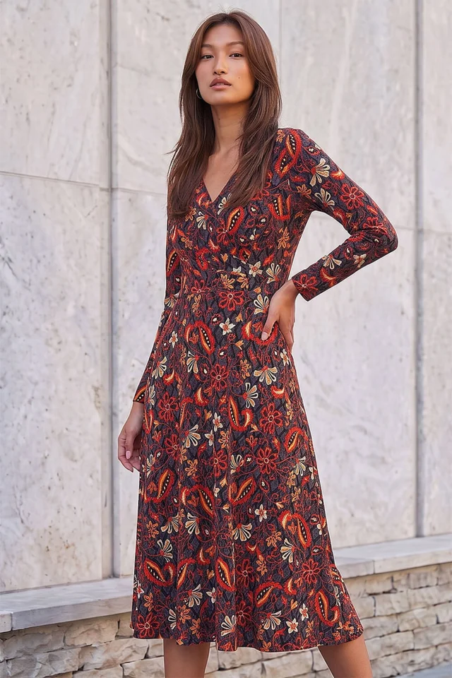 Roman Copper Floral Gathered Midi Dress