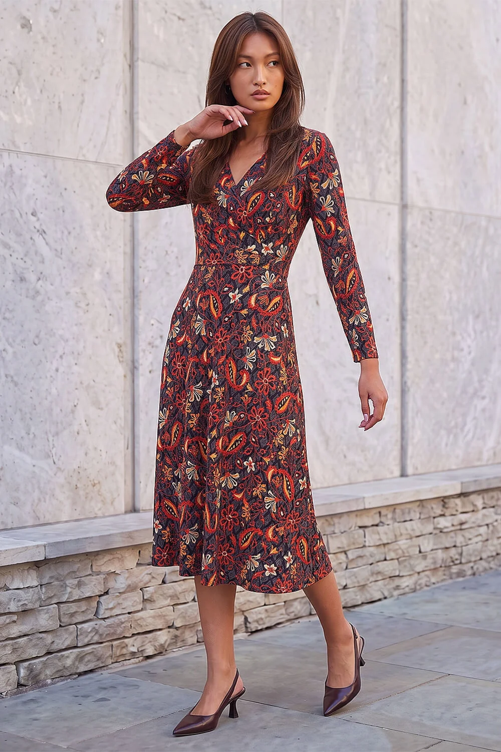 Roman Copper Floral Gathered Midi Dress - 18 Image 2