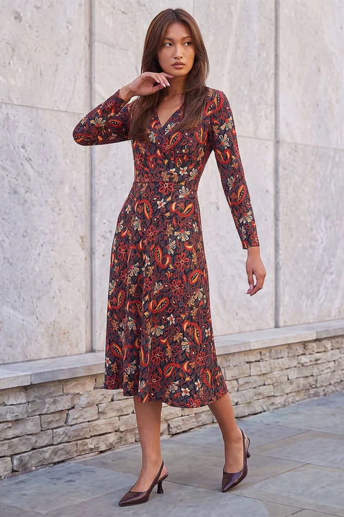 Roman Copper Floral Gathered Midi Dress - 18 Image 2