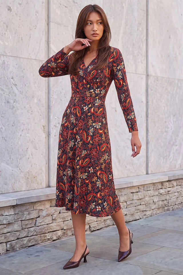 Roman Copper Floral Gathered Midi Dress