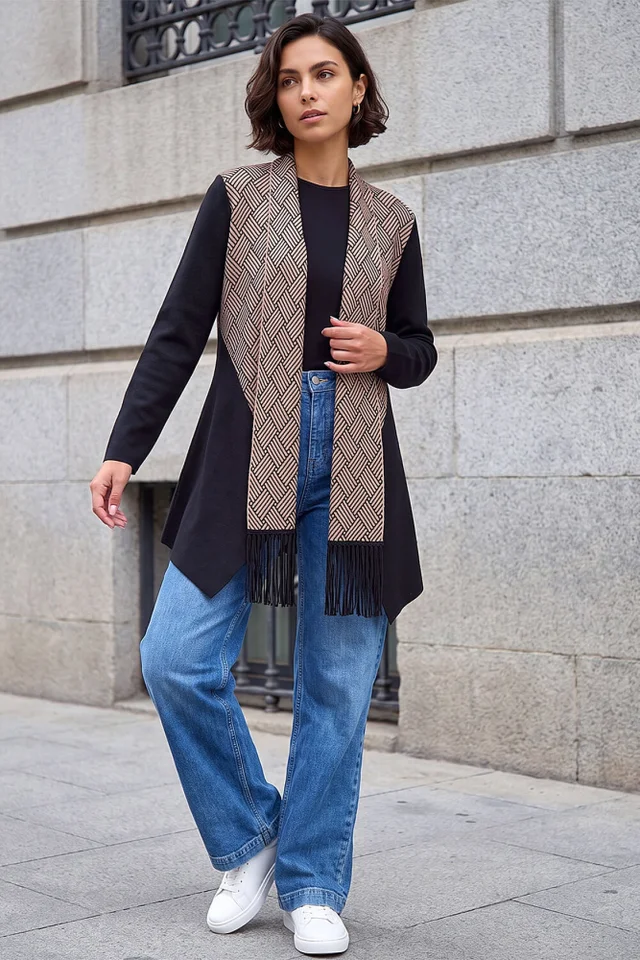 Roman Black Patterned Fringe Cardigan