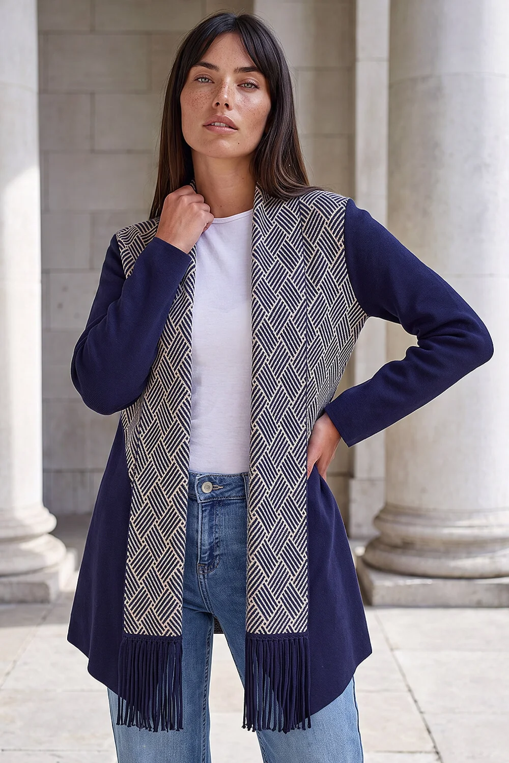 Roman Navy Patterned Fringe Cardigan - 18 Image 1