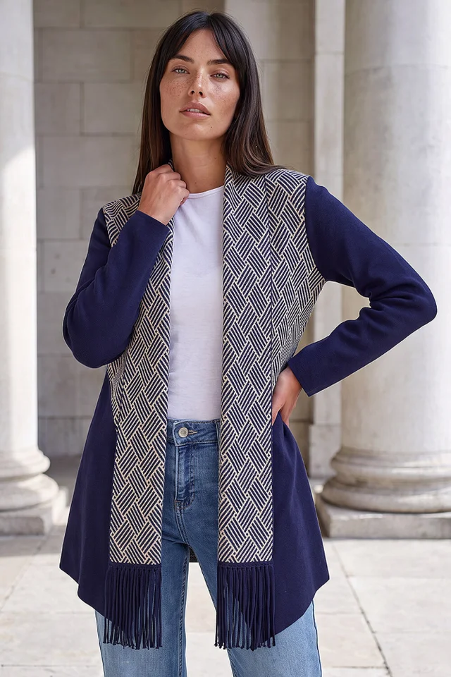 Roman Navy Patterned Fringe Cardigan