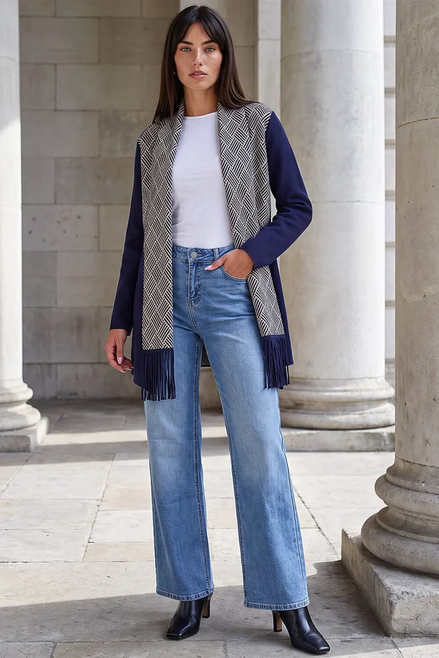 Roman Navy Patterned Fringe Cardigan