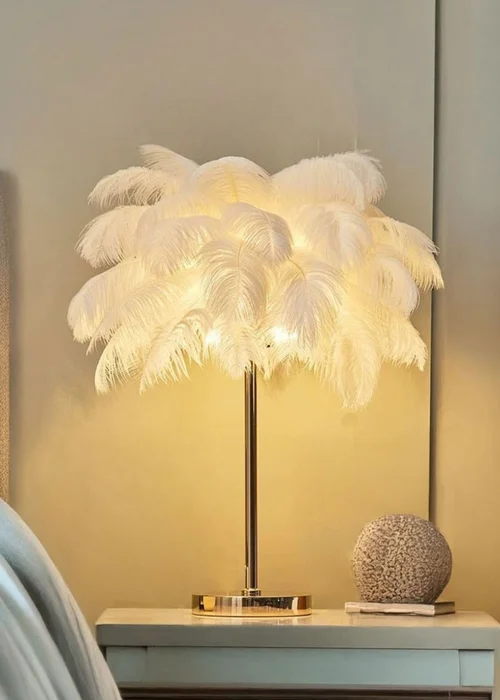 Kabinet White Modern Feather Lampshade Table Lamp Fixtures Decor 15.5x15.5x33.5cm - One Size Image 1