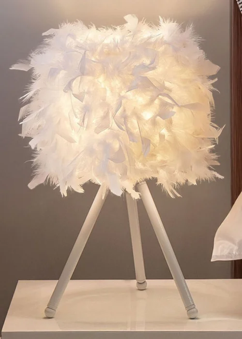 Kabinet White Feather Lampshade Tripod Table Lamp Fixtures Decor 21.5x21.5x10.5cm - One Size Image 1